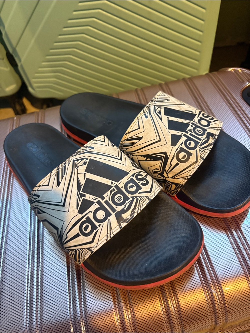 adidas Black and Beige Graphic Slide Sandals